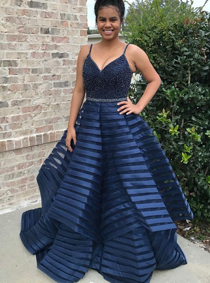 spaghetti straps royal blue striped plus size prom dress with beading