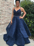 spaghetti straps royal blue striped plus size prom dress with beading