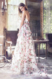 stunning a line v neck long prom dresses with pink flowers