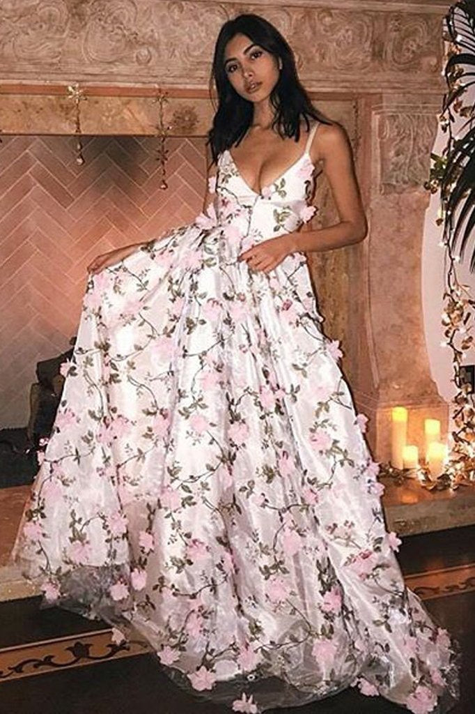 stunning a line v neck long prom dresses with pink flowers