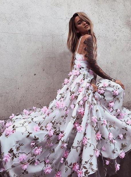 stunning a line v neck long prom dresses with pink flowers