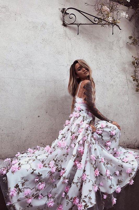 stunning a line v neck long prom dresses with pink flowers