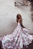 stunning a line v neck long prom dresses with pink flowers