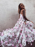 stunning a line v neck long prom dresses with pink flowers
