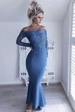 Off-Shoulder Lace Long Sleeves Blue Mermaid Bridesmaid Dresses PB113
