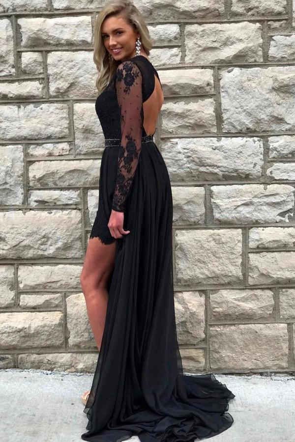 black prom dresses a line jewel lace long sleeves slit evening gown