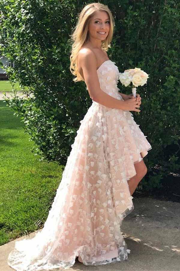 chic strapless hi low pearl pink homecoming dresses with lace flowers