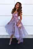 A-Line V-neck Hi-Lo Lilac Prom Dresses 8th Graduation Dress with Flowers MP240