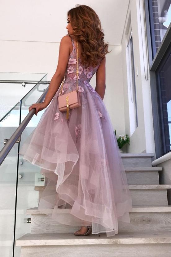 a line v neck hi lo lilac prom dresses 8th graduation dress with flowers