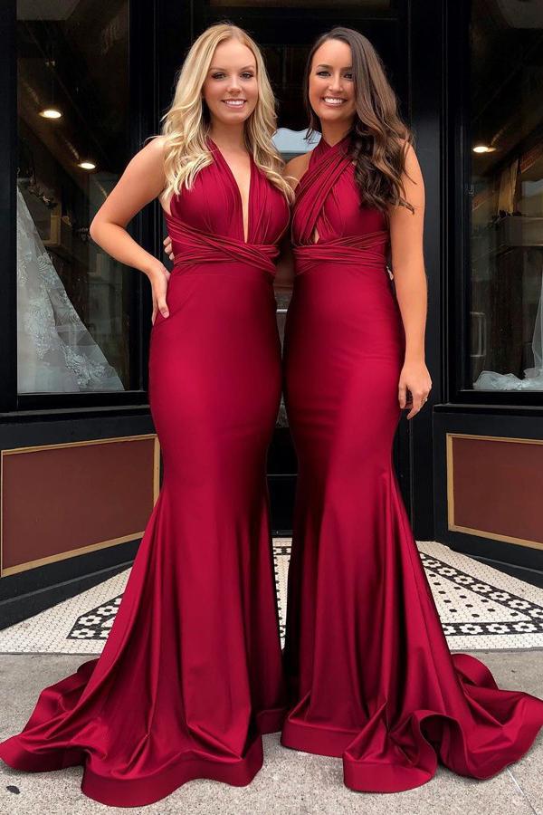 mermaid v neck burgundy long convertible bridesmaid dresses