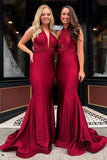 Mermaid V-Neck Burgundy Long Convertible Bridesmaid Dresses PB112