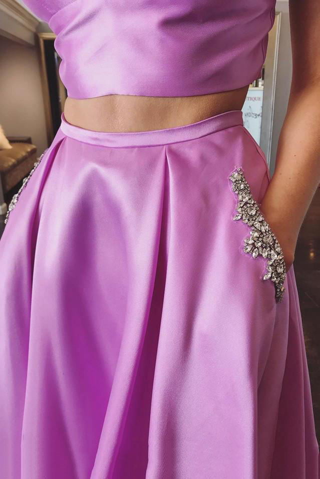 two piece prom dress spaghetti straps with beading pockets