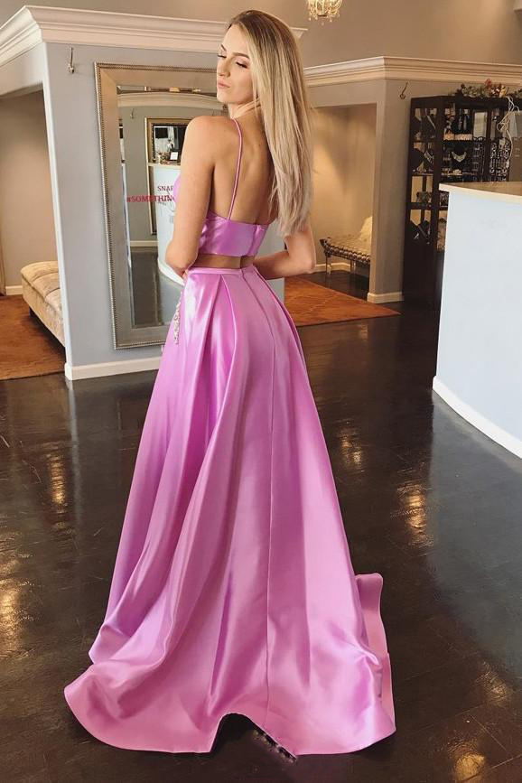 two piece prom dress spaghetti straps with beading pockets