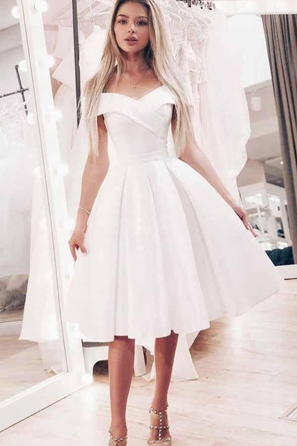 simple white a line off the shoulder short prom dress with pleats