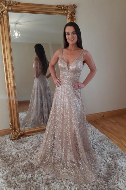 Sparkly A-line V-neck Tulle Formal Prom Dresses with Sequins MP192