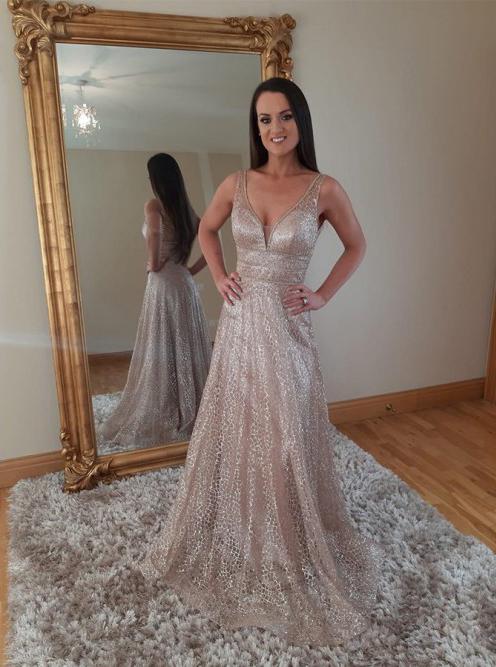 Sparkly A-line V-neck Tulle Formal Prom Dresses with Sequins MP192