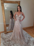 Sparkly A-line V-neck Tulle Formal Prom Dresses with Sequins MP192