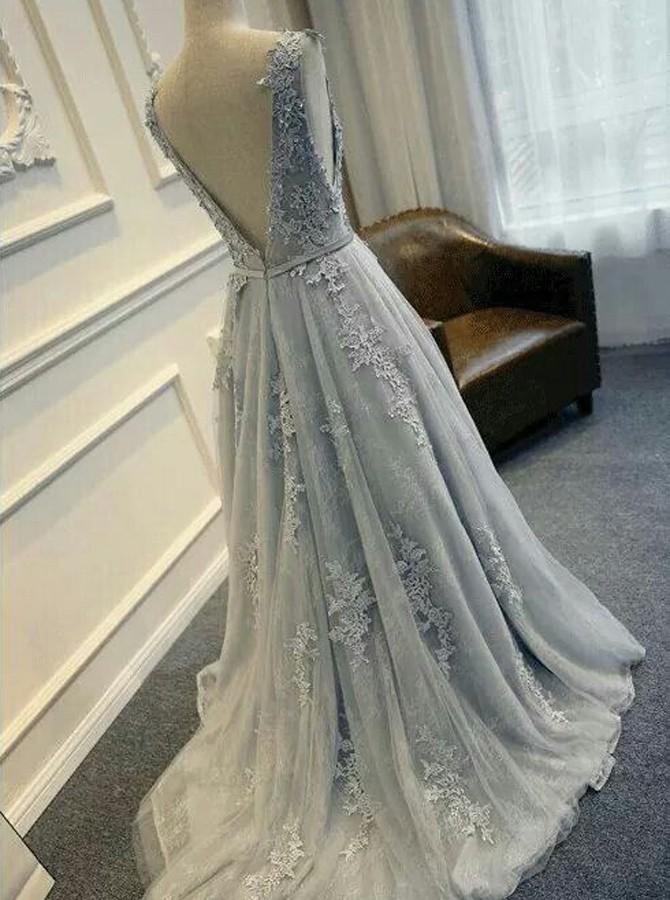 tulle a line princess backless long prom dress with lace appliques
