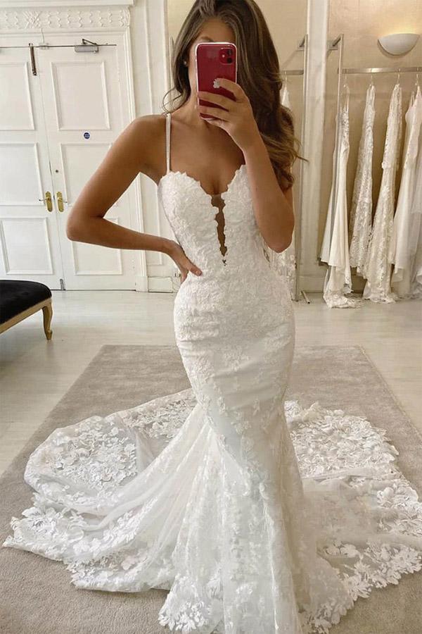 spaghetti straps deep v neck mermaid lace applique wedding dress