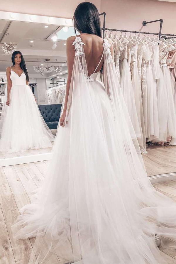Spaghetti Straps V-neck Boho Wedding Dress Backless Bridal Dress PW135