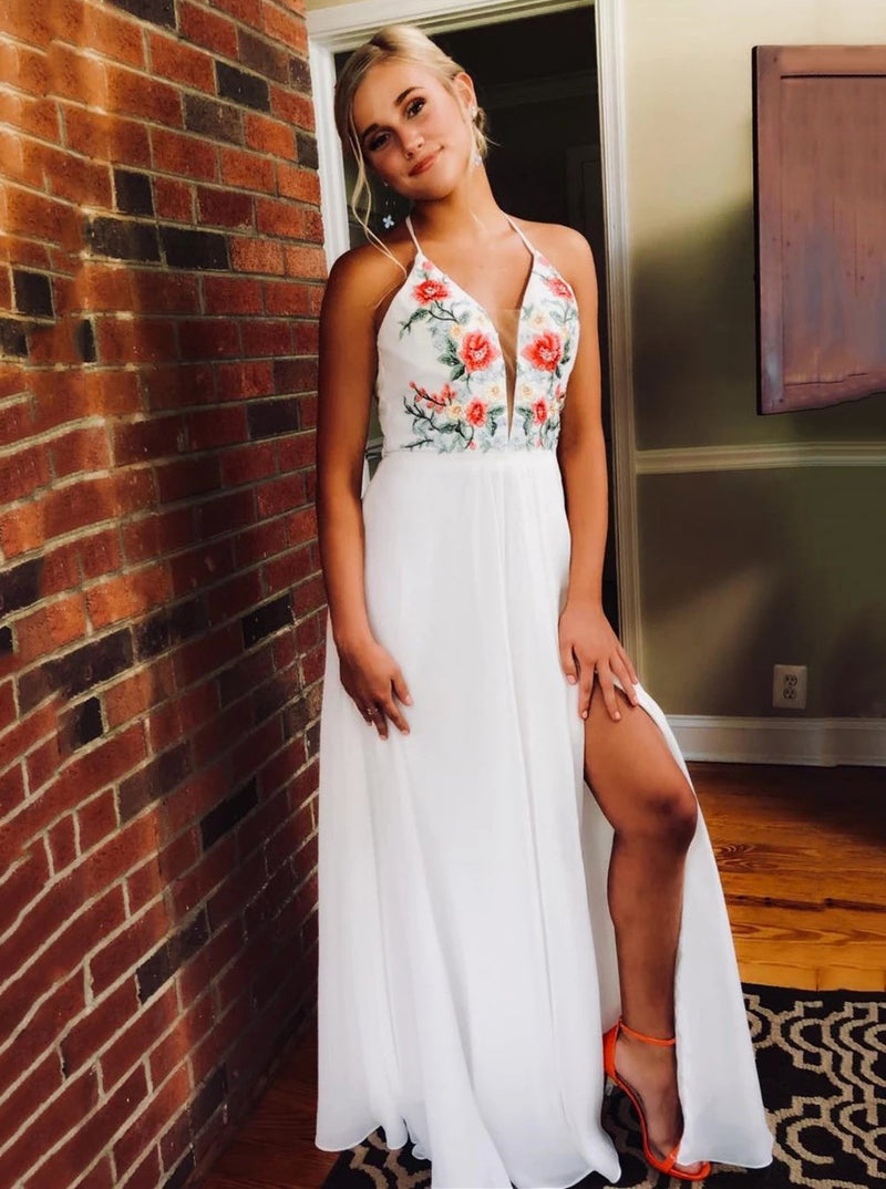 a line v neck embroidered chiffon white long prom dresses with split