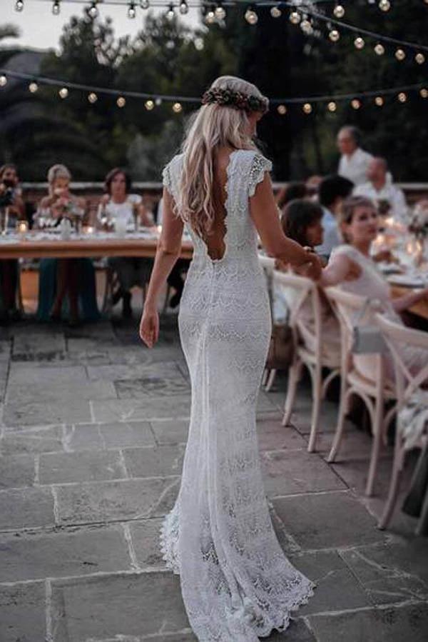 Boho Lace Wedding Dresses Mermaid Backless Bridal Gown With Sleeve PW146
