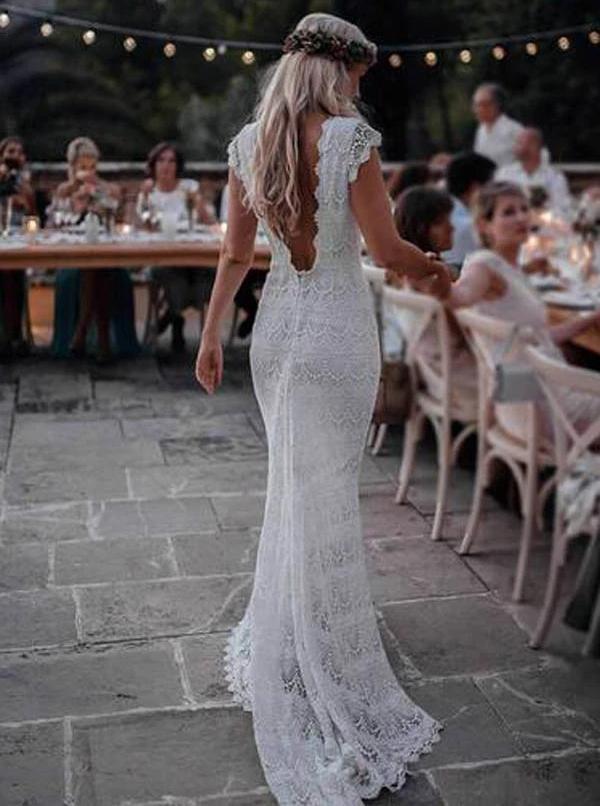 Boho Lace Wedding Dresses Mermaid Backless Bridal Gown With Sleeve PW146