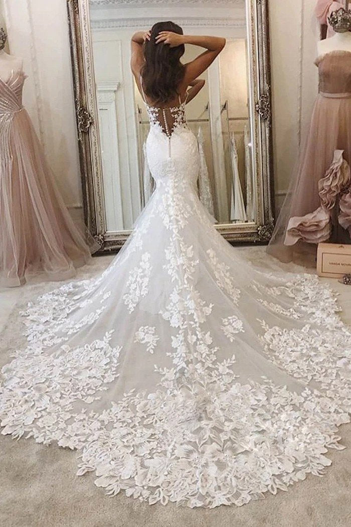 spaghetti straps deep v neck mermaid lace applique wedding dress