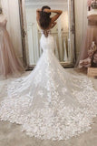 spaghetti straps deep v neck mermaid lace applique wedding dress