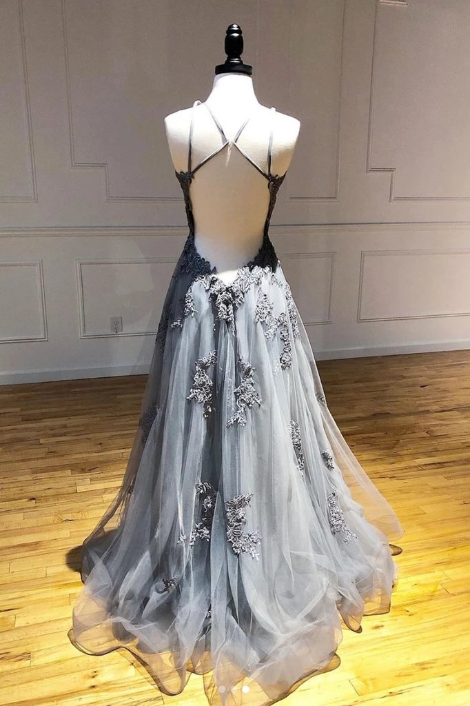 Tulle Gray Long Prom Dresses, Appliqued Backless Formal Evening Dress MP147