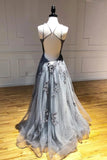 Tulle Gray Long Prom Dresses, Appliqued Backless Formal Evening Dress MP147
