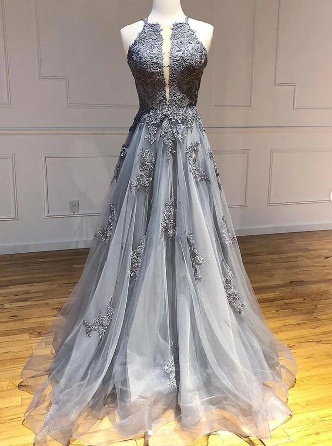Tulle Gray Long Prom Dresses, Appliqued Backless Formal Evening Dress MP147