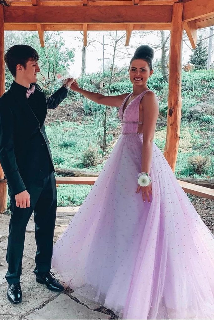 V-Neck A-Line Tulle Long Prom Dresses, Sexy Tulle Long Formal Dress MP197