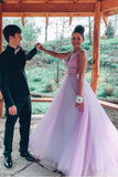 V-Neck A-Line Tulle Long Prom Dresses, Sexy Tulle Long Formal Dress MP197
