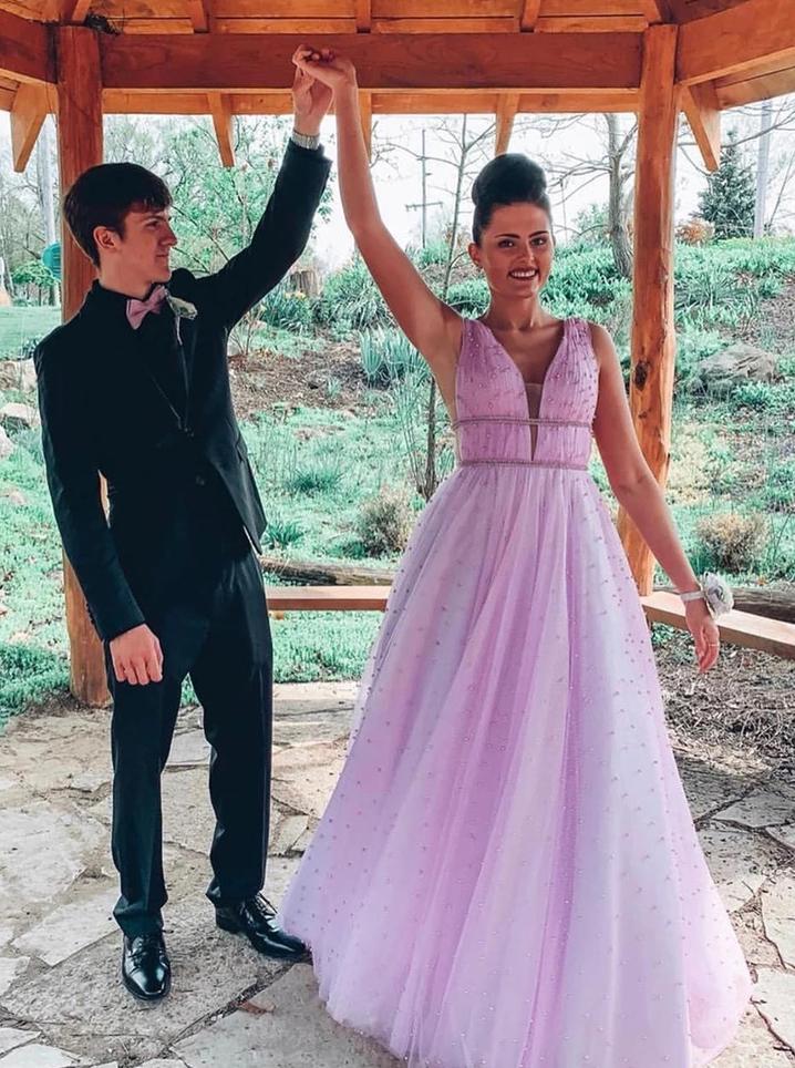 V-Neck A-Line Tulle Long Prom Dresses, Sexy Tulle Long Formal Dress MP197
