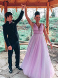 V-Neck A-Line Tulle Long Prom Dresses, Sexy Tulle Long Formal Dress MP197