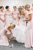 Simple Off Shoulder Sheath Pink Bridesmaid Dresses With Slit PB48