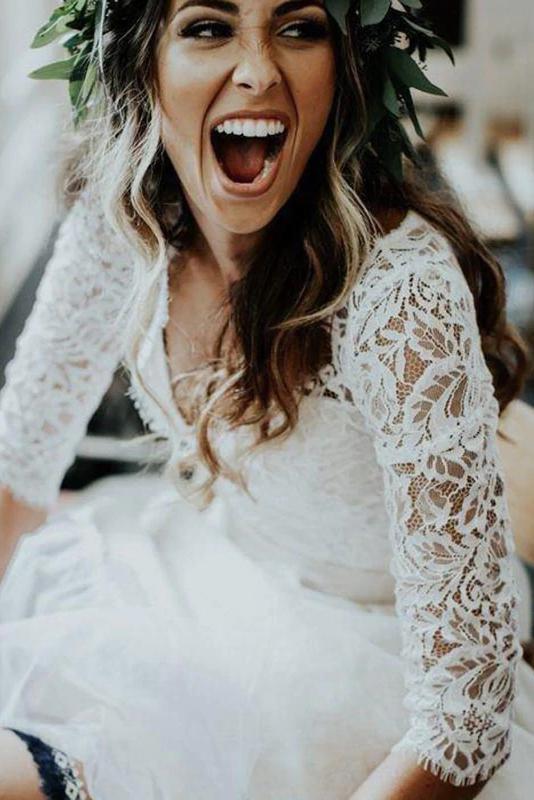 3 4 sleeves lace chiffon wedding dress two piece beach bridal dress