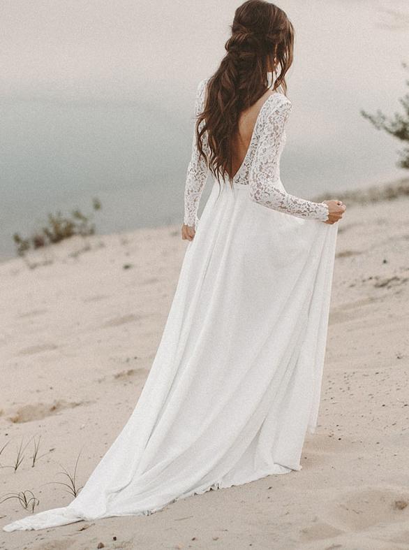 lace long sleeve wedding dresses chiffon beach bridal dress