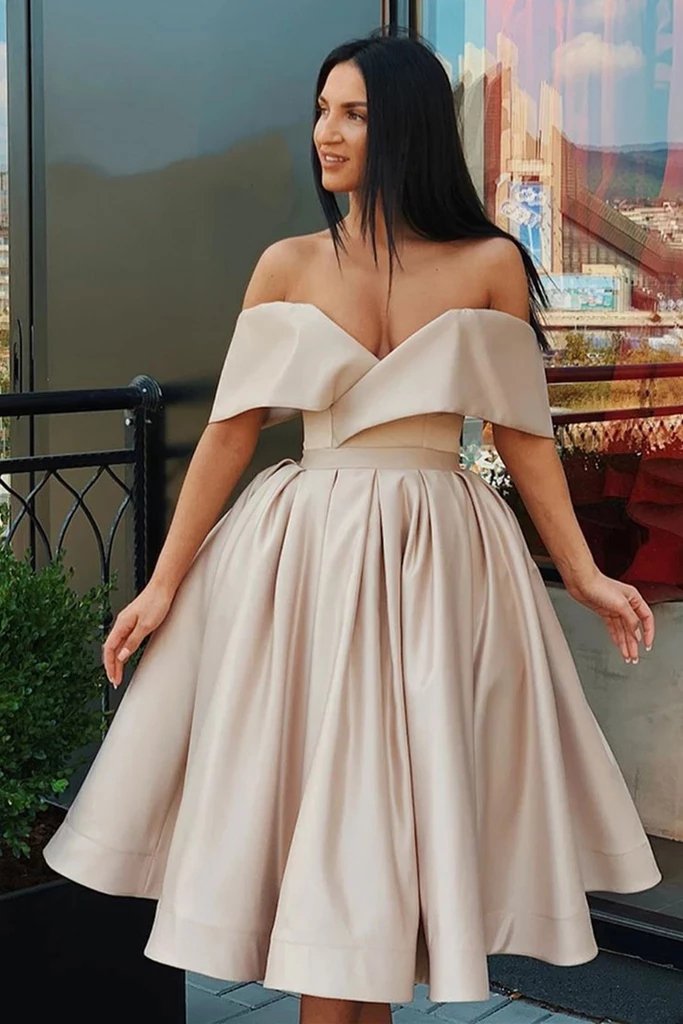 off shoulder short simple prom dress satin homecoming graduation dress