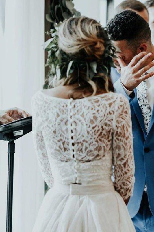 3 4 sleeves lace chiffon wedding dress two piece beach bridal dress