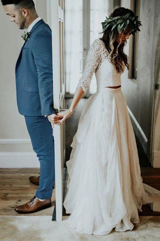 3 4 sleeves lace chiffon wedding dress two piece beach bridal dress