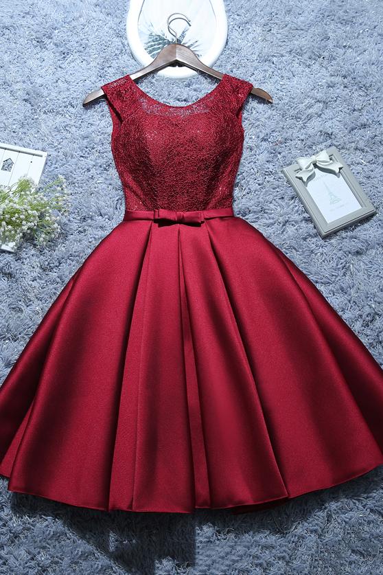 Burgundy Short Evening Dress Satin Lace A-line Short Homecoming Dress GM14