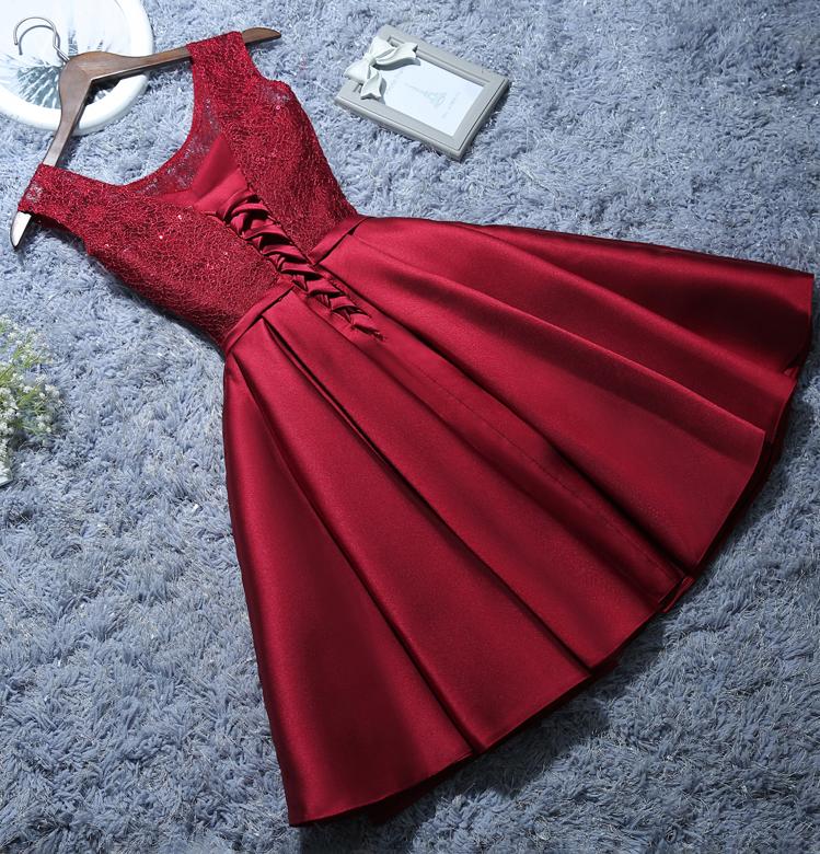 Burgundy Short Evening Dress Satin Lace A-line Short Homecoming Dress GM14