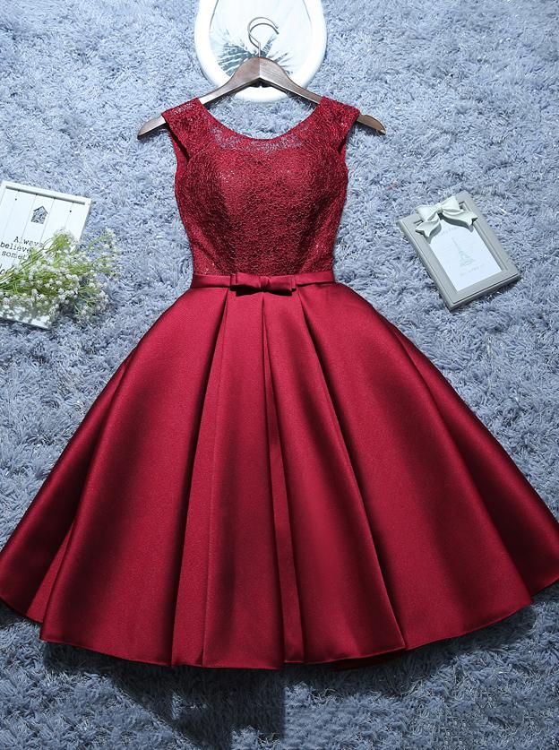 Burgundy Short Evening Dress Satin Lace A-line Short Homecoming Dress GM14