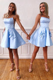 Satin Spaghetti Sky Blue Homecoming Dresses With Bow-knot Pockets GM01