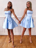 Satin Spaghetti Sky Blue Homecoming Dresses With Bow-knot Pockets GM01