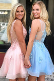A Line V Neck Short Prom Dresses Lace Appliques Homecoming Dress GM08