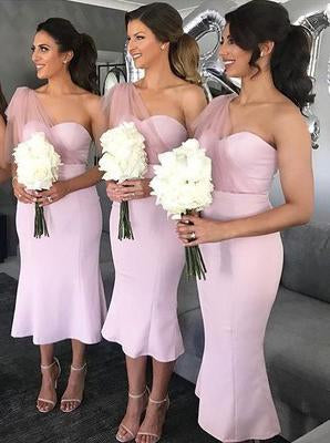 One Shoulder Pink Mermaid Bridesmaid Dresses, Pink Wedding Party Gown PB49