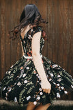 black v neck embroidery floral short prom homecoming dress with beaded waist